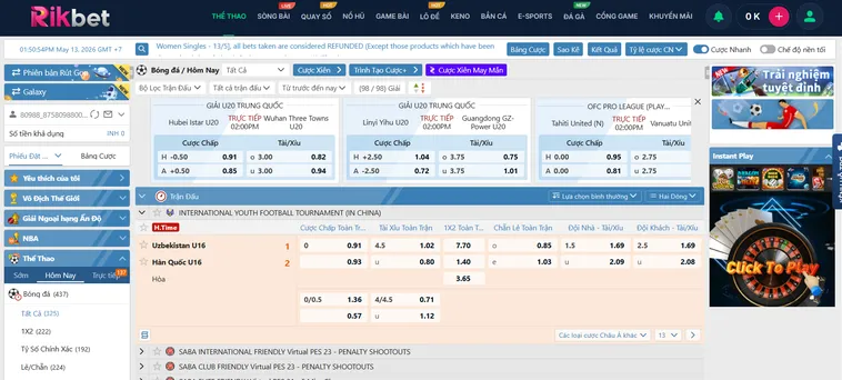 Trải Nghiệm Cá Cược Thể Thao SABA Sports RikBet Đỉnh Cao Với Tỷ Lệ Kèo Hấp Dẫn